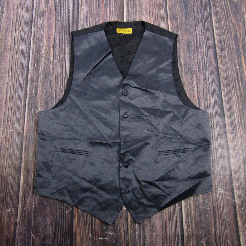 Oliver George Suit Vest Mens XL Black Formal Button Front Adjustable Cinch Back